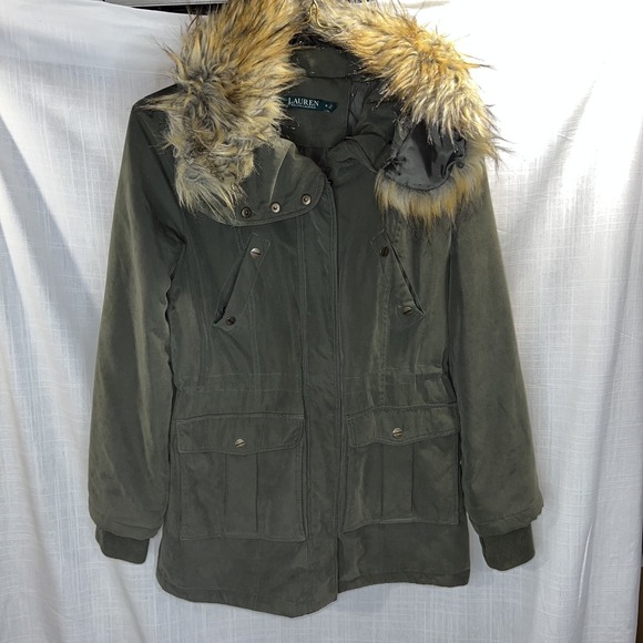 Lauren Ralph Lauren Women's Faux Fur Hooded Parka Jacket Green Quilted Size S - Picture 9 of 9